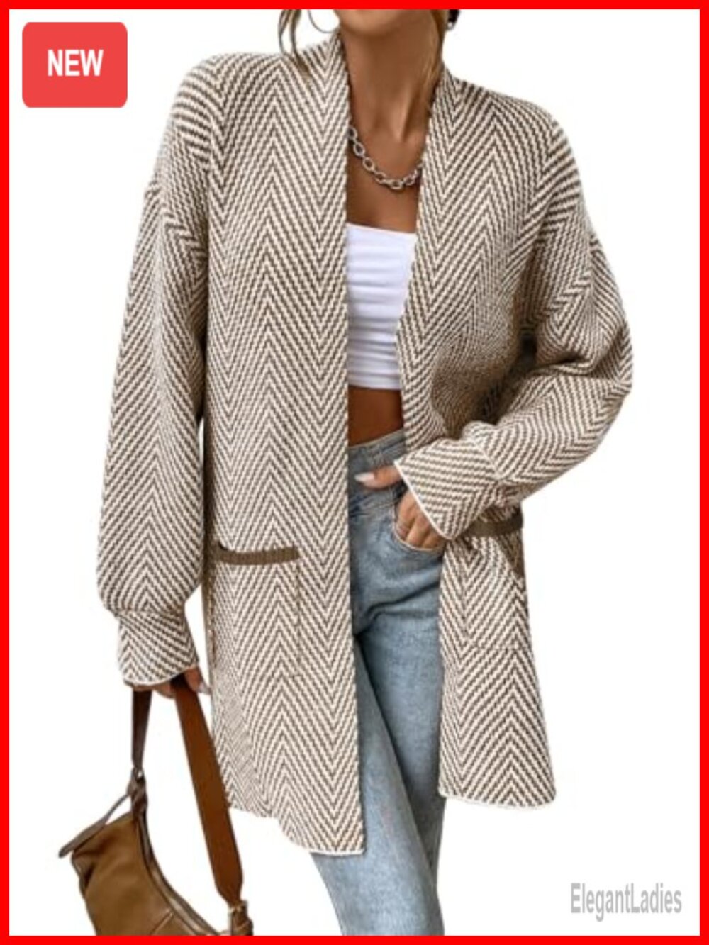 Open Front Chevron Cardigan Sweater 100% Acrylic Women's